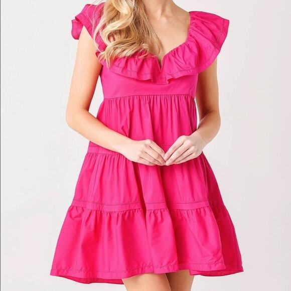 Saylor‎ Karalyn Hot Pink Tiered Ruffle Sleeveless Tie Back Mini Dress Sz S - Picture 1 of 10